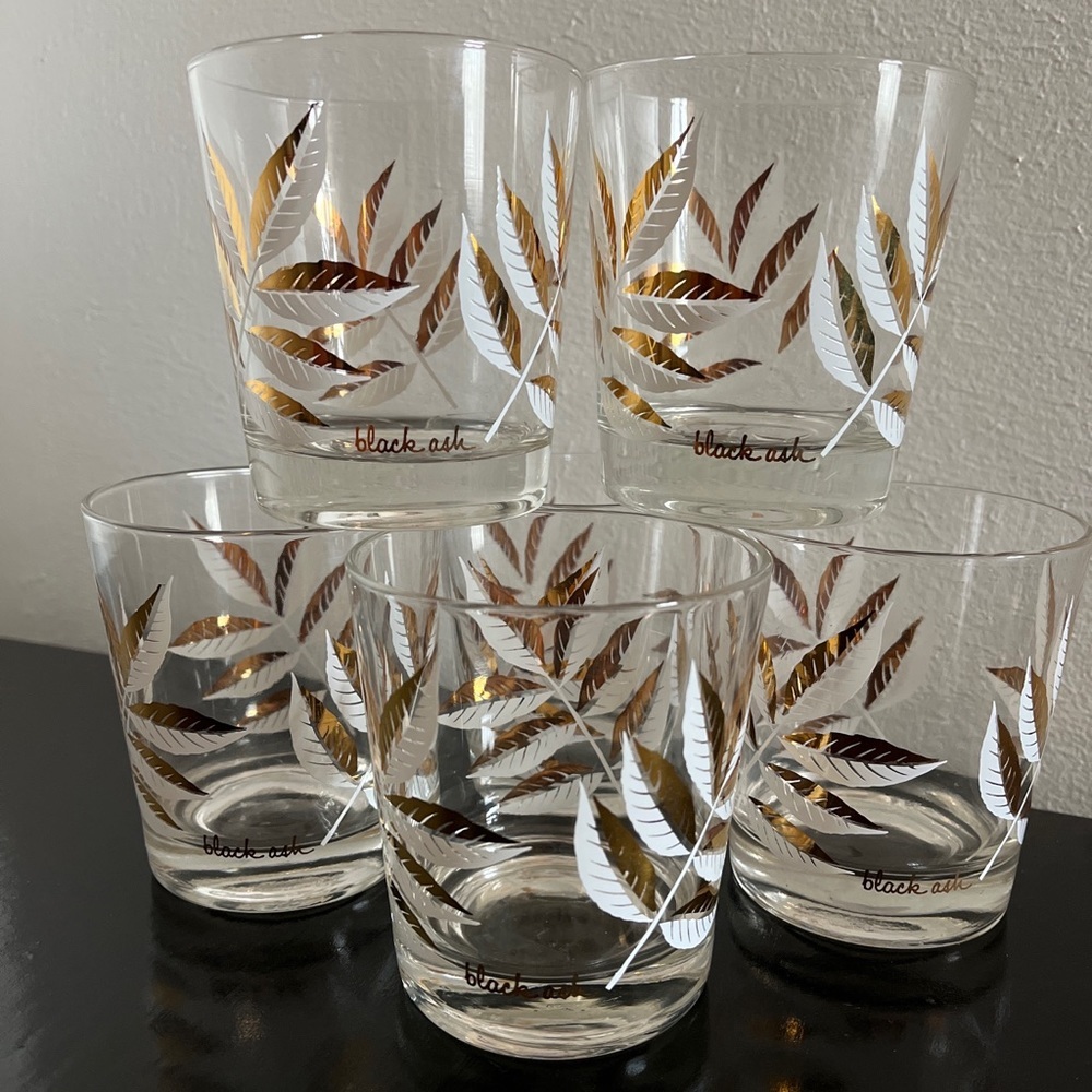Vintage Black Ash old fashioned set of six clear gold/white cocktail glasses